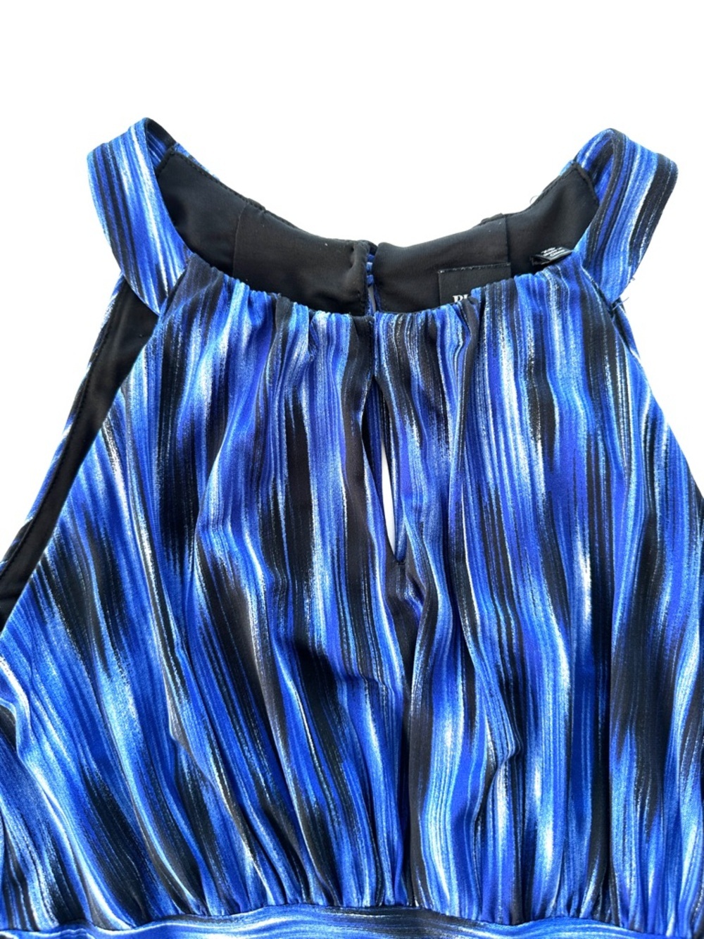 Saks Fifth Avenue “Black” Blue & Black Striped Halter Dress, Maxi, Stretch Knit - Picture 11 of 13